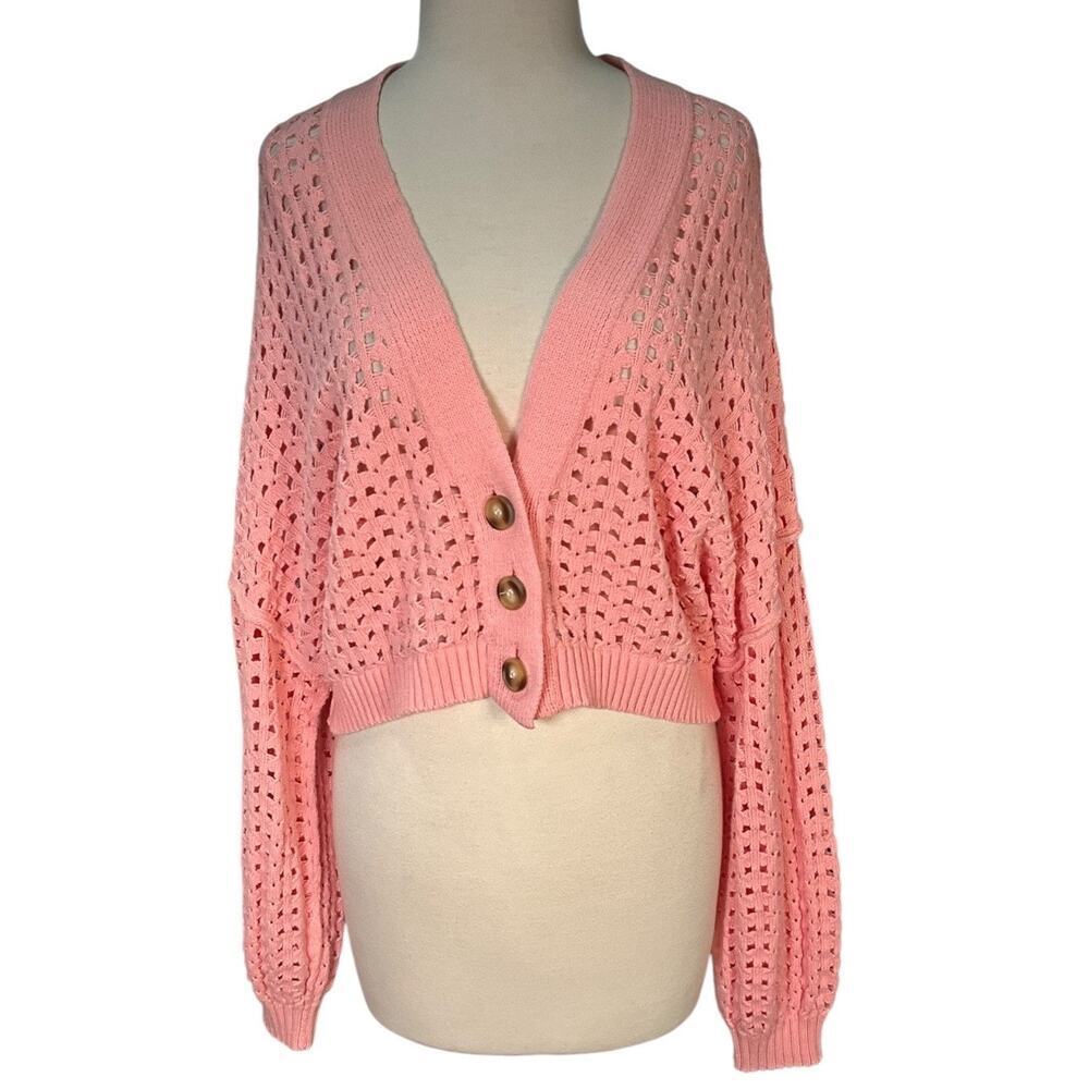 Arizona Pink Open Knit Cardigan XL Cropped Boho Button Cotton Casual Crochet